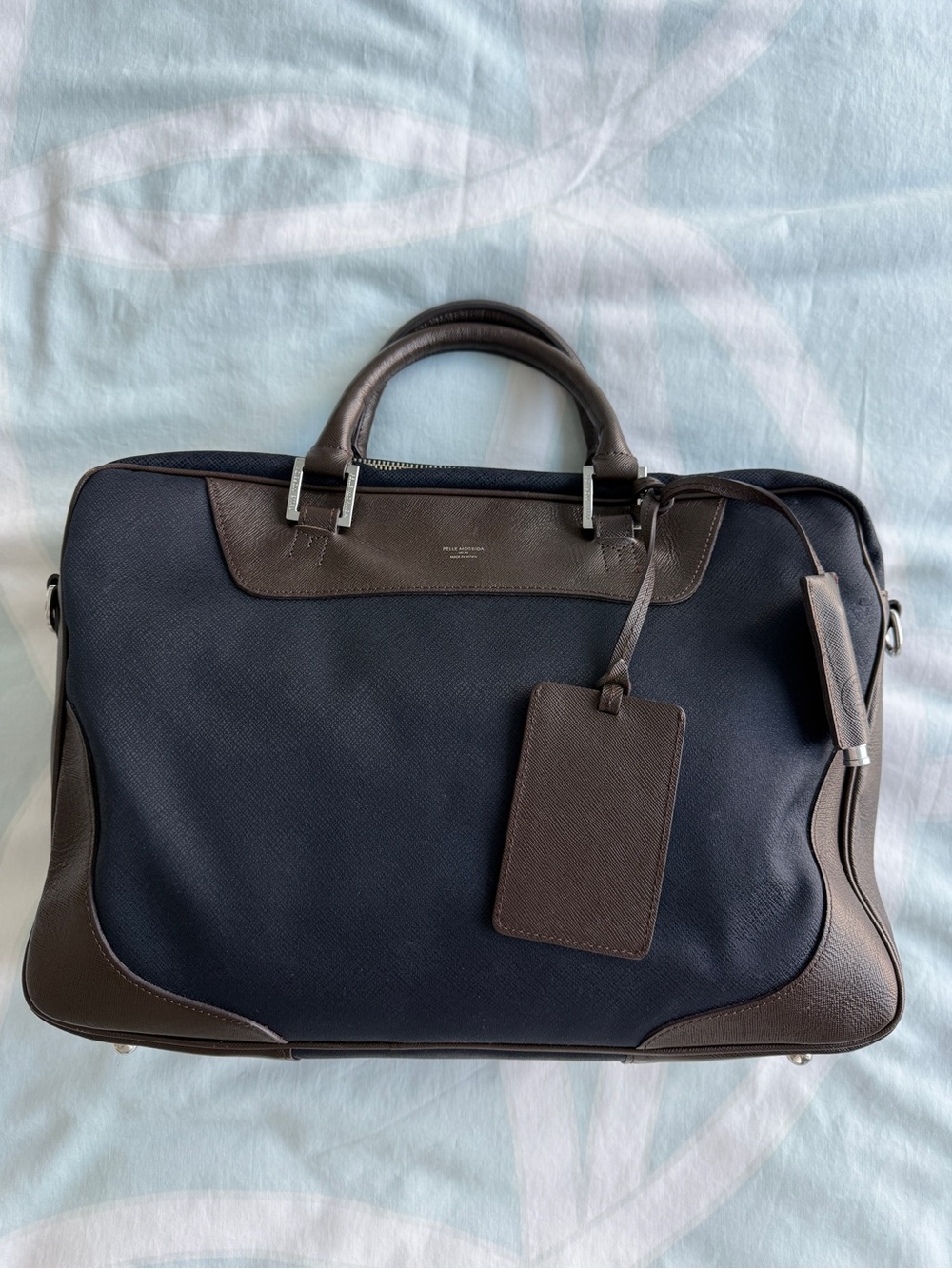 Pelle Morbida Men's Navy and Dark Brown Travel Briefcase - Leather Trim